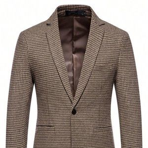 Brown Casual Mens Houndstooth Single Button Tweed Blazer